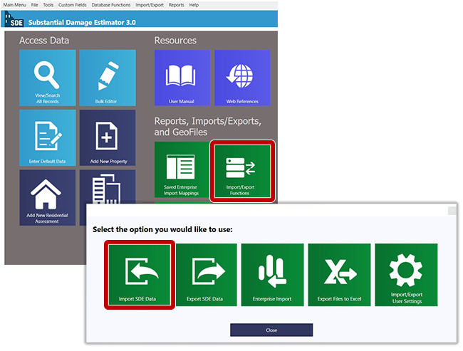 A Collage Showing A Portion Of The Sde Tool Main Menu With Import Export Functions Button