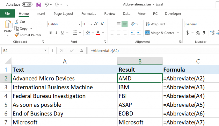 Abbreviate Names Or Words Excel Formula Examples