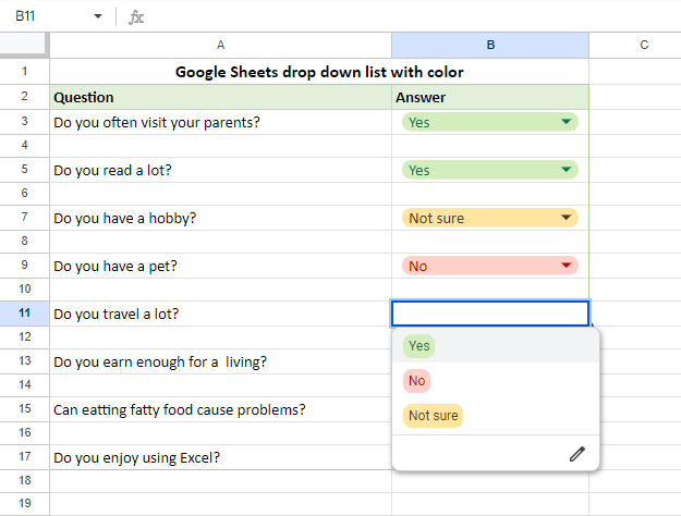 Add A Drop Down List With Color Formatting In Excel Google Sheets