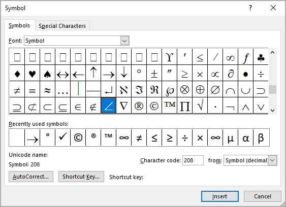 Angle Symbol In Excel