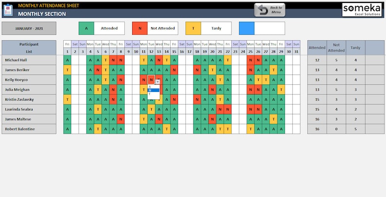 Attendance Sheet Printable Excel Template Ready To Download Daily Attendance Tracker Etsy