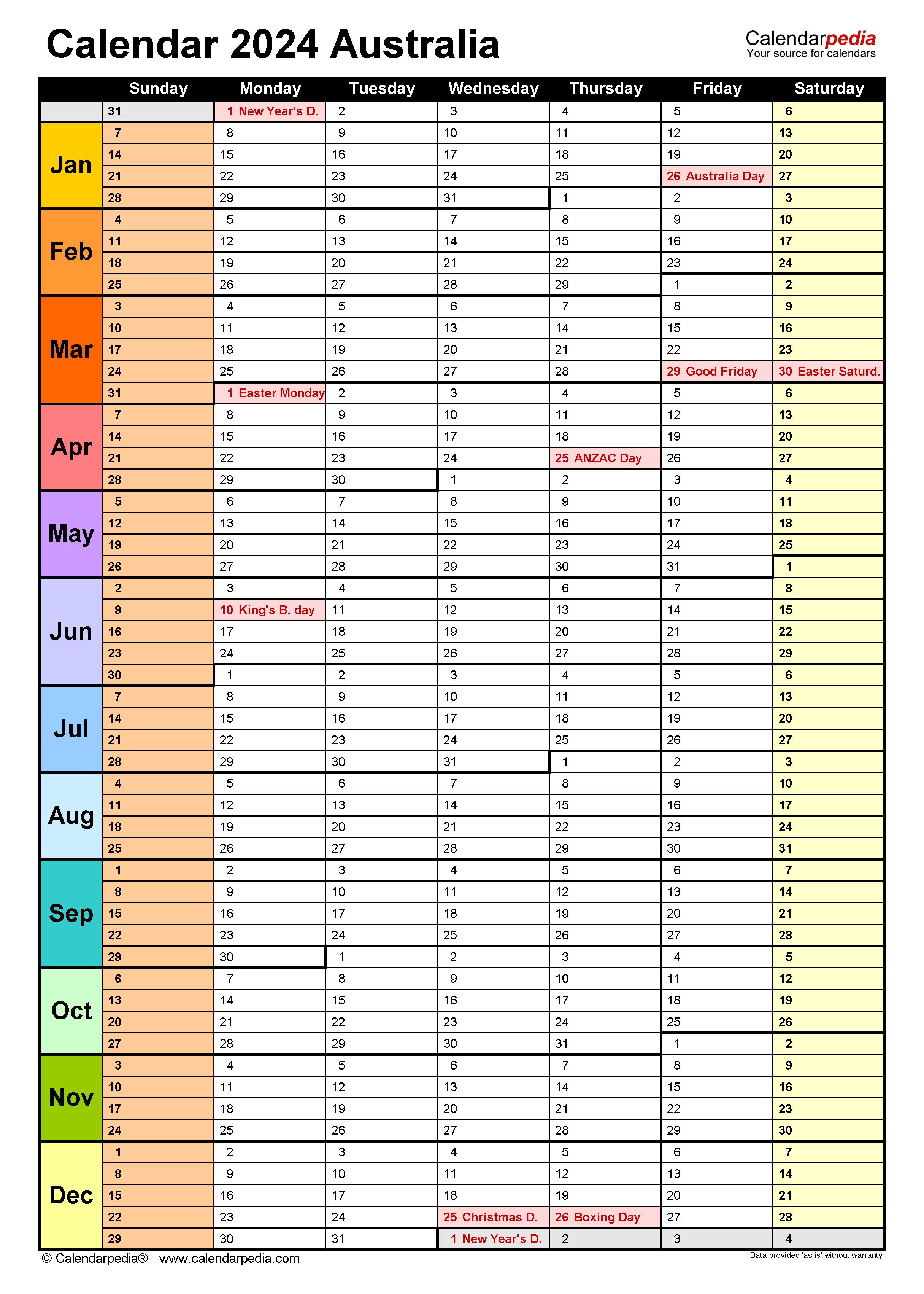 2024 Australia Workdays Calendar Template in Excel