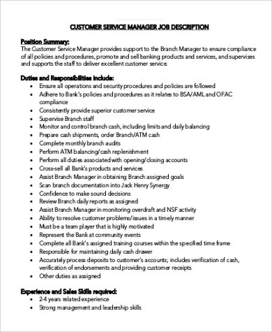 Description Of The Job Responsibilities Of A Customer Service Manager