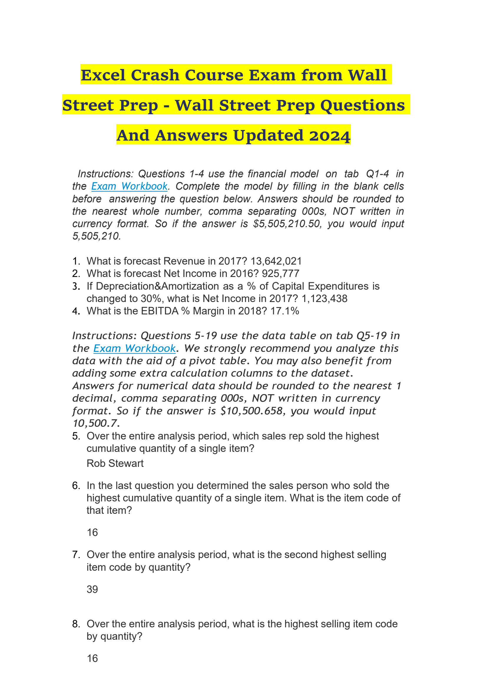 Excel Crash Course Exam From Wall Street Prep Wall Street Prep