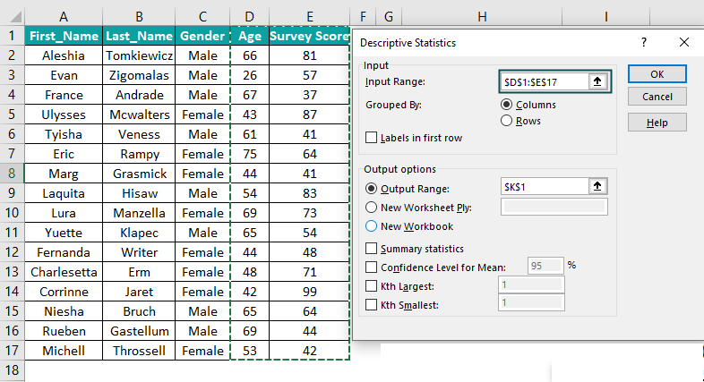 Excel Descriptive Statistics Using Data Analysis Toolpak Youtube