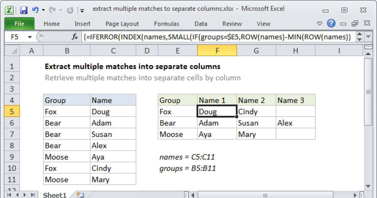 Extract Multiple Matches Into Separate Columns Excel Formula Exceljet