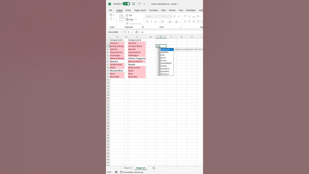 Find Matching Values In Two Lists Excel Shorts Youtube