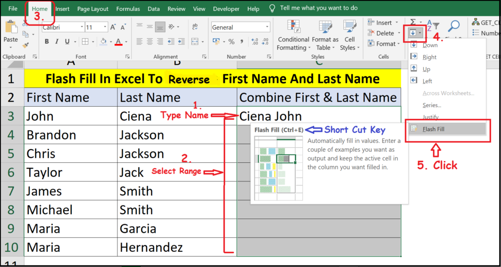 Flash Fill To Reverse First And Last Name In Excel Excel Help