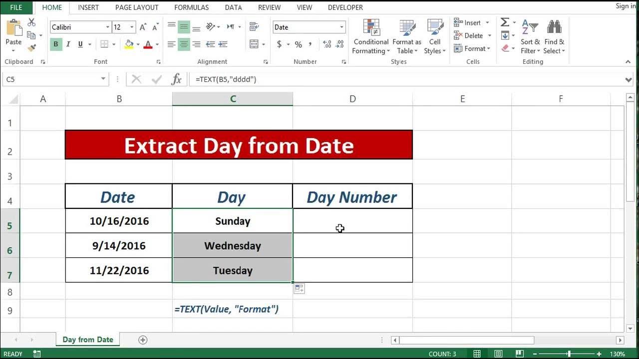 Formula To Extract Day Name From Date In Excel 2013 2016 Youtube