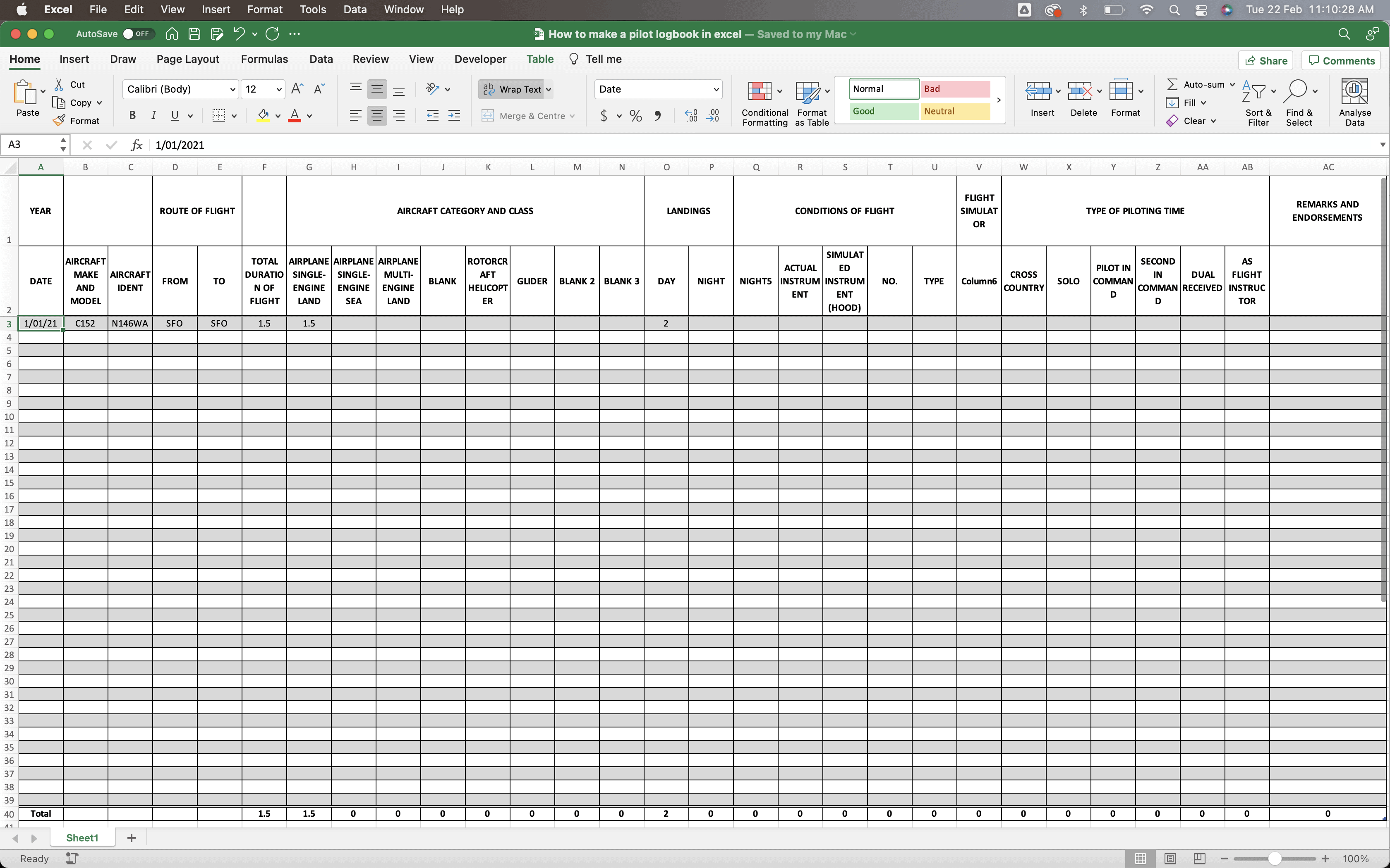 Free Excel Pilot Logbook Template Investmentsret