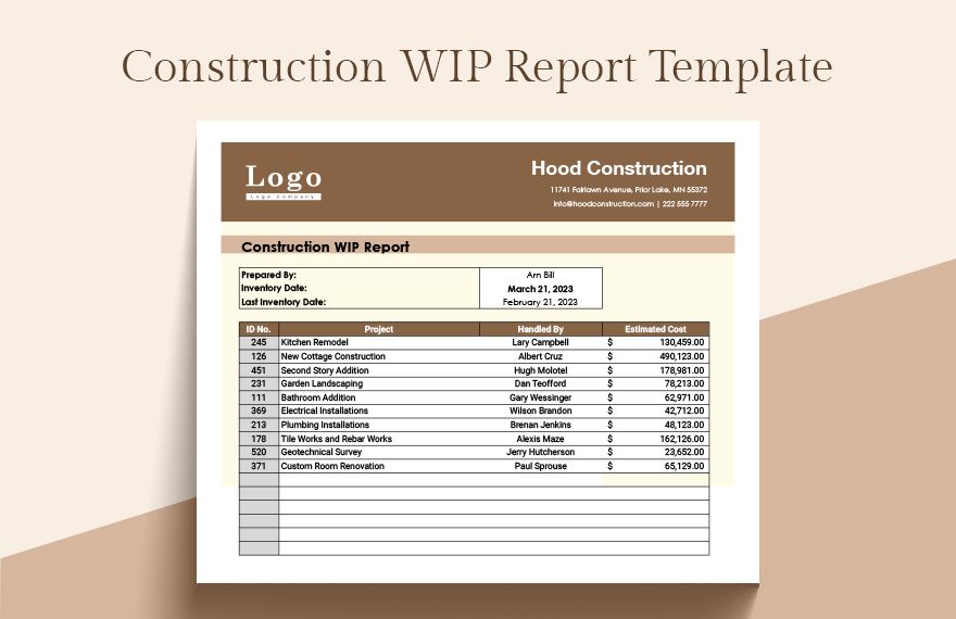 Free General Contractor WIP Estimate Template in Excel