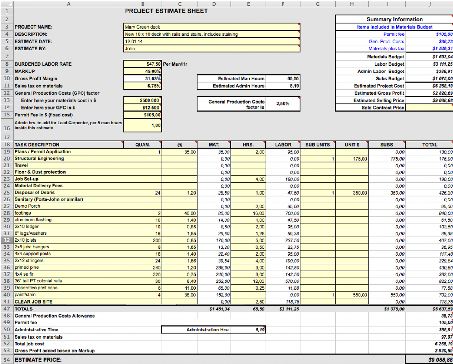 General Contractor Construction Cost Estimate Template Excel