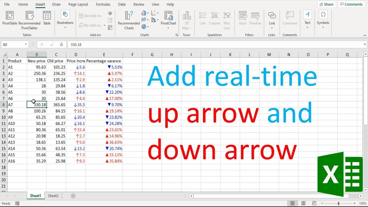 How To Add Up Arrow And Down Arrow In Excel Youtube