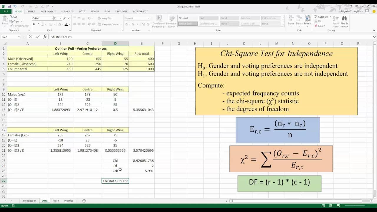 How To Perform A Chi Square Test In Excel 2010 Youtube