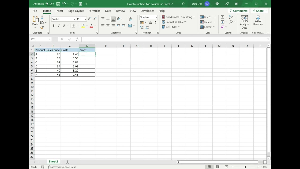 How To Subtract Two Columns In Excel Youtube