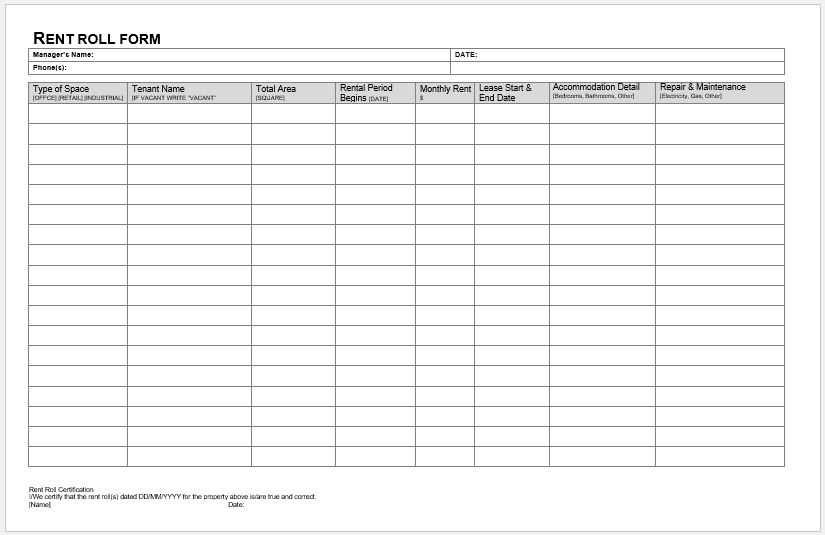 Monthly Rent Roll Template Excel