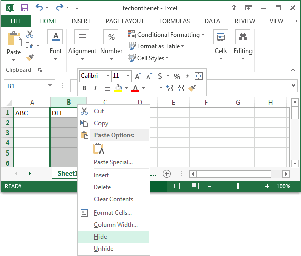 Ms Excel 2013 Hide A Column