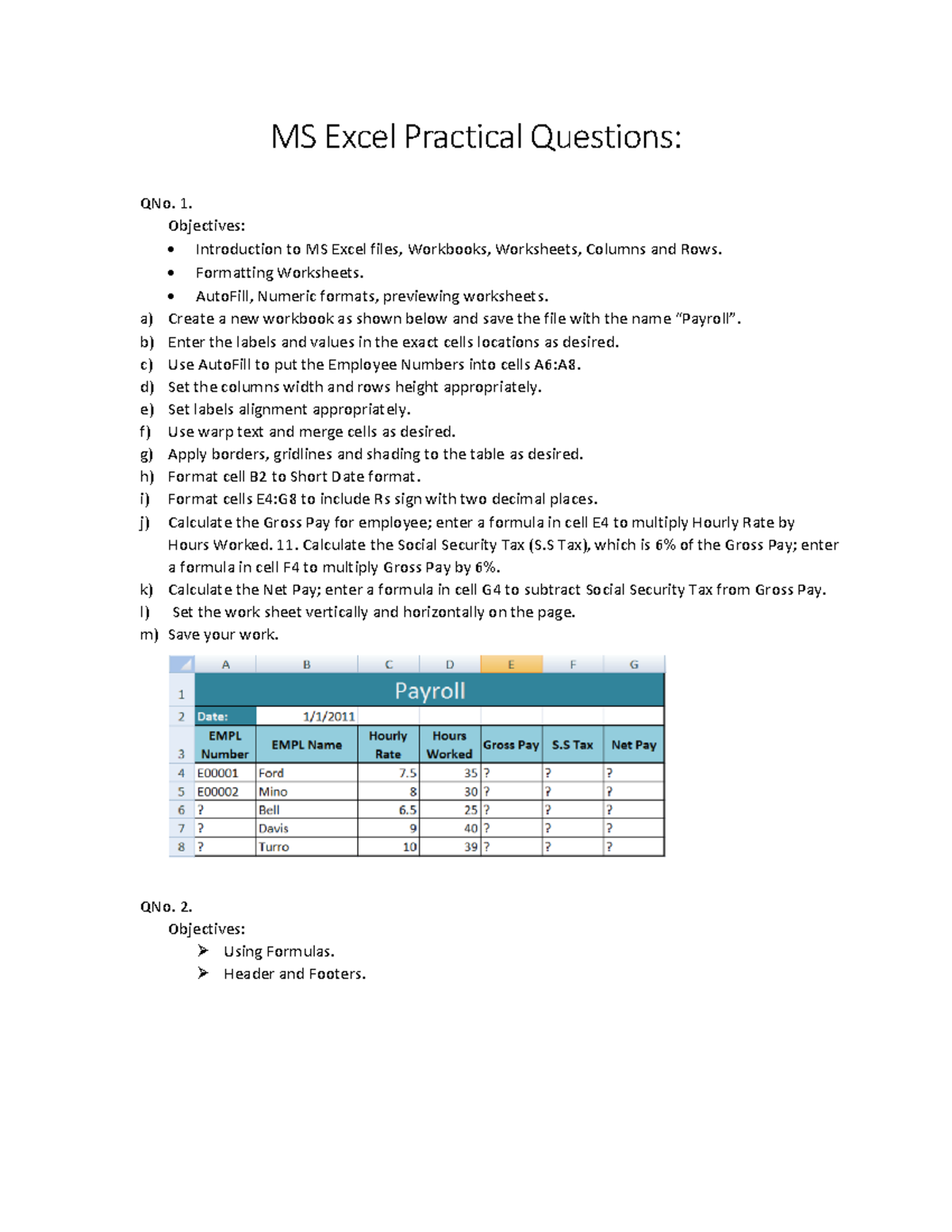 Ms Excel Practical Questions For Learners Ms Excel Practical Questions Qno 1 Objectives