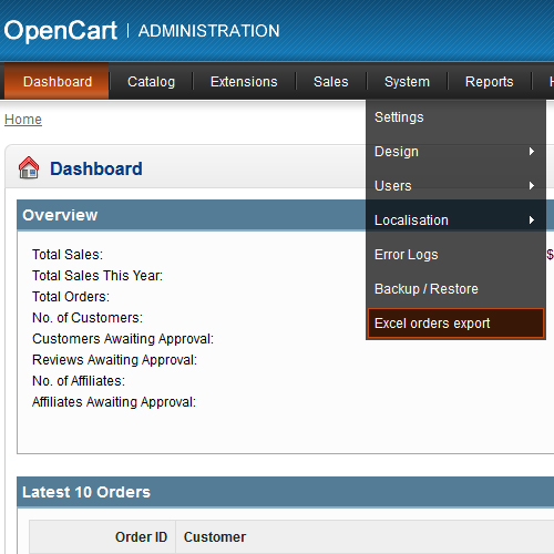 Opencart Excel Export Orders