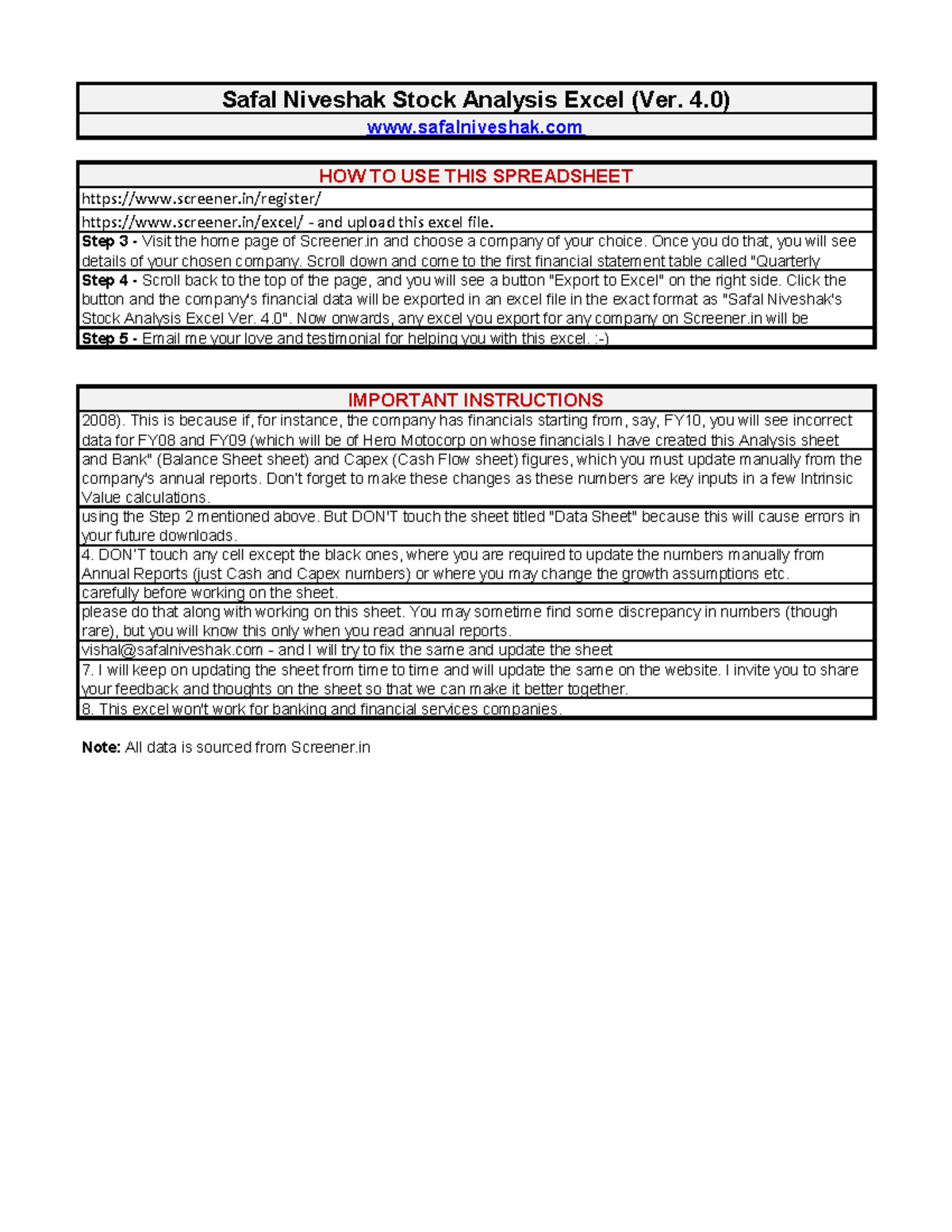 Safal Niveshak Stock Analysis Excel Version 4 0 Xlsx How To Use This