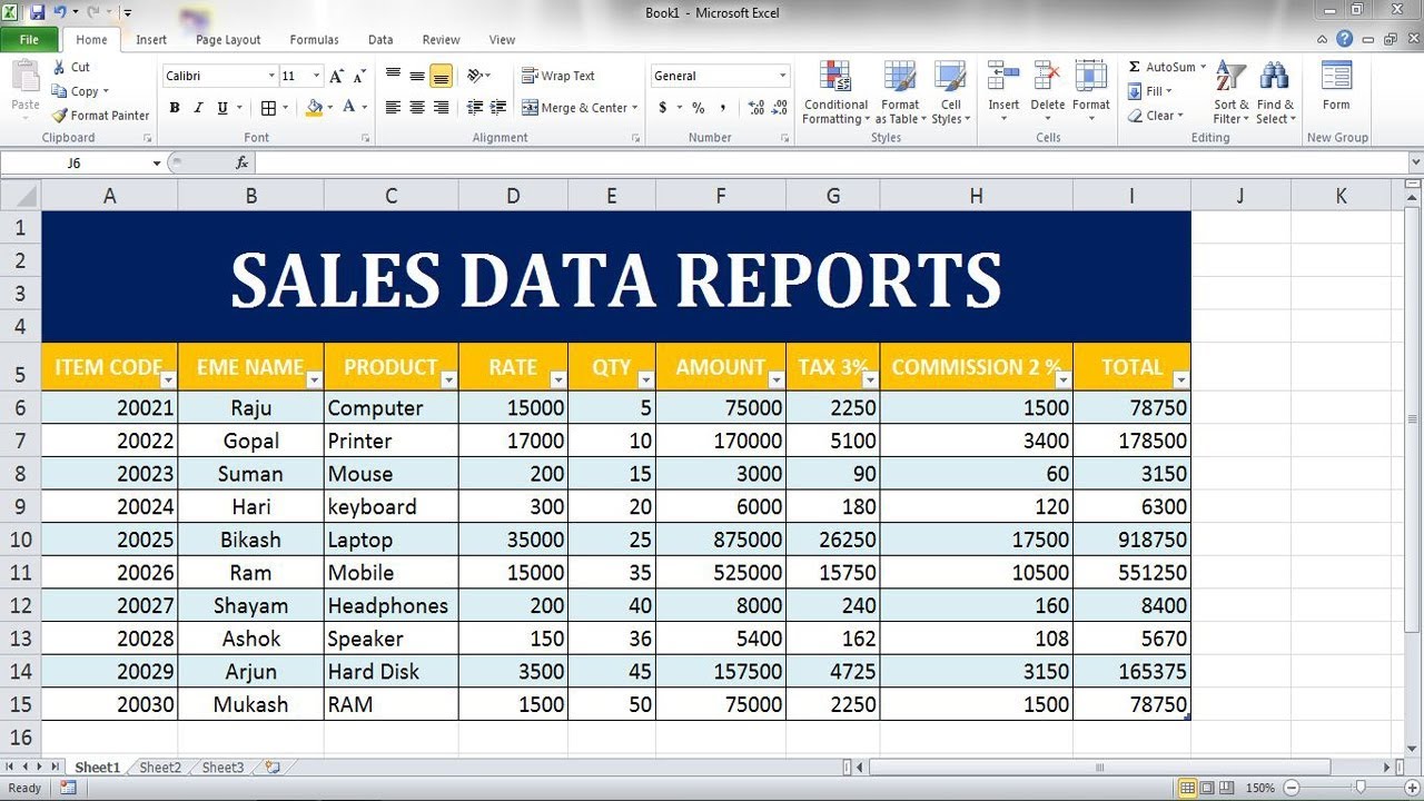 Sales Data Report In Ms Excel Excel Tutorial Youtube