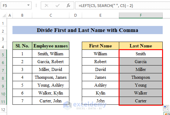 Separate First And Last Name With Space Using Excel Formula 3 Ways