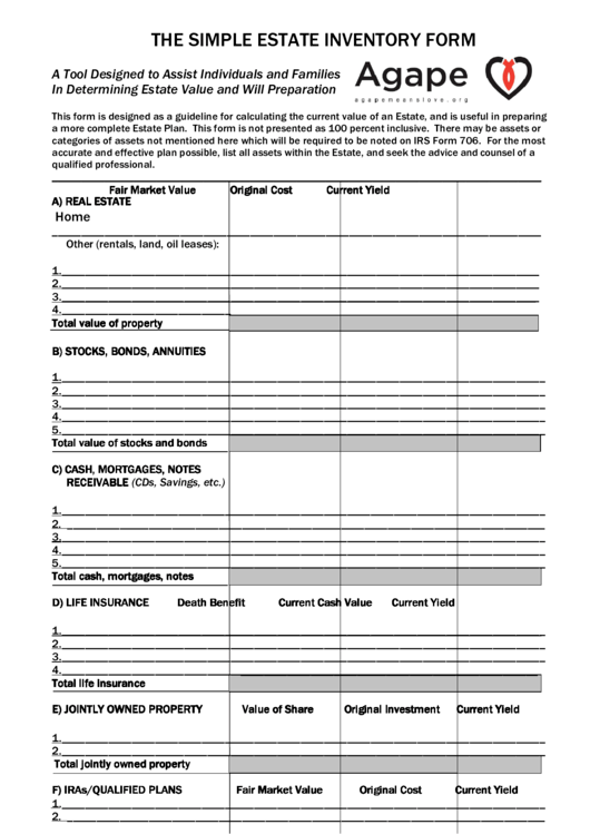 Simple Estate Inventory Worksheet Pdf