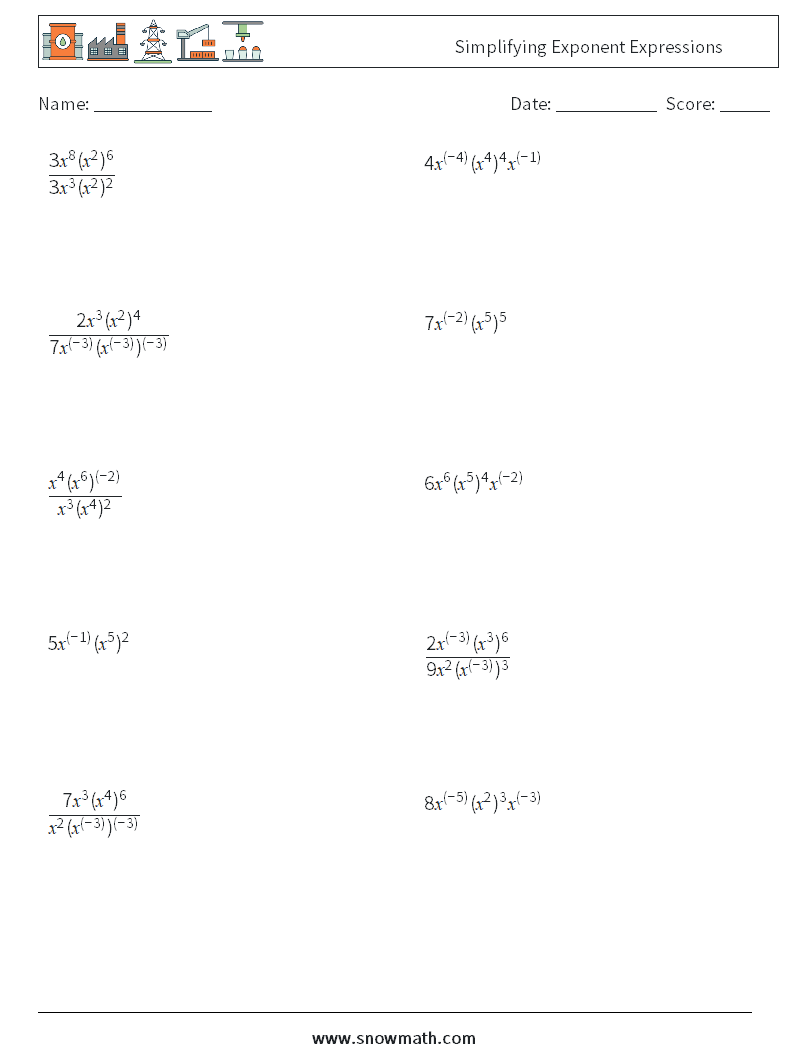 Simplifying Exponent Expressions Math Worksheets Math Practice For Kids