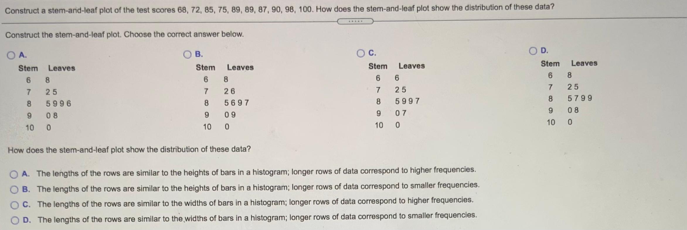 Solved Construct A Stem And Leaf Plot Of The Test Scores 68 72 85 75