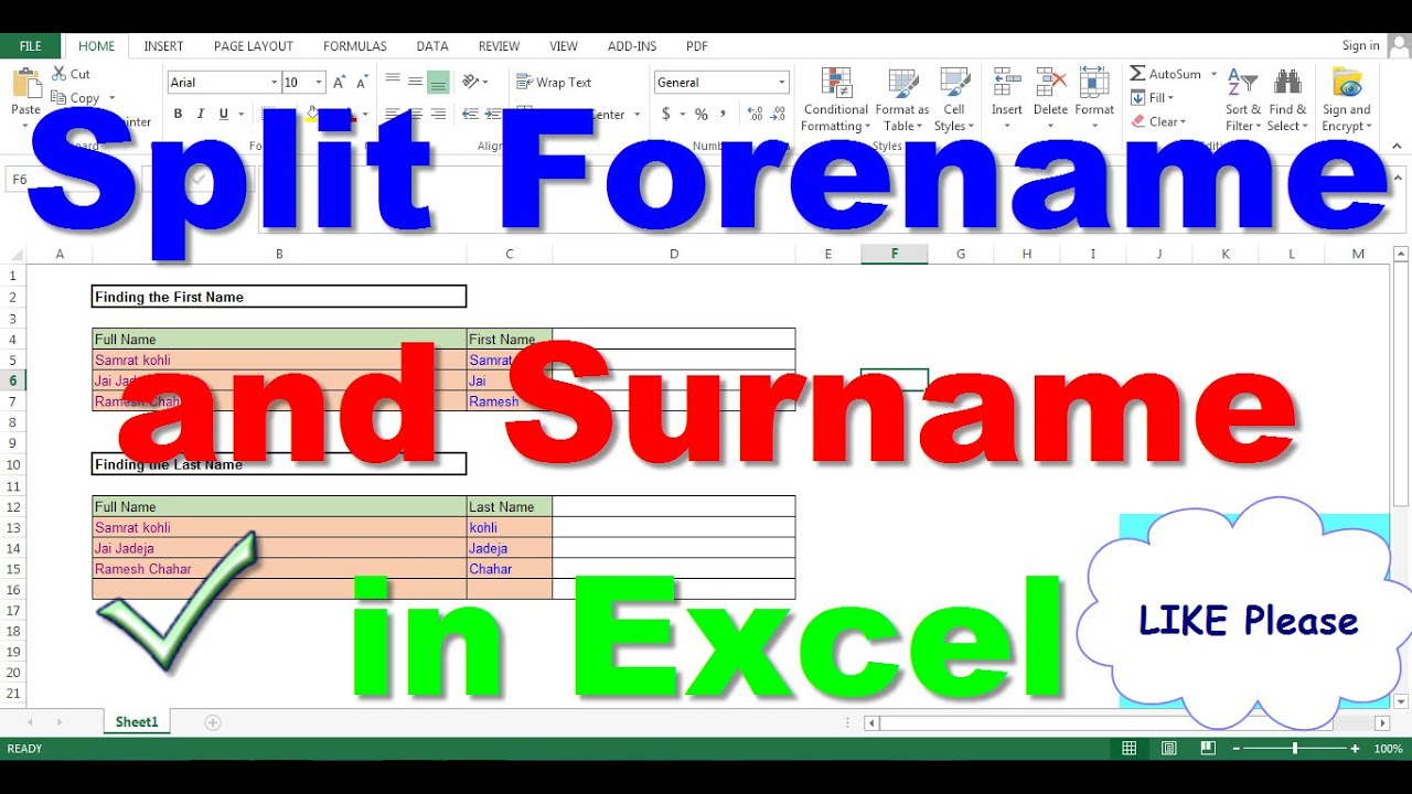 Split Forename And Surname In Excel Youtube