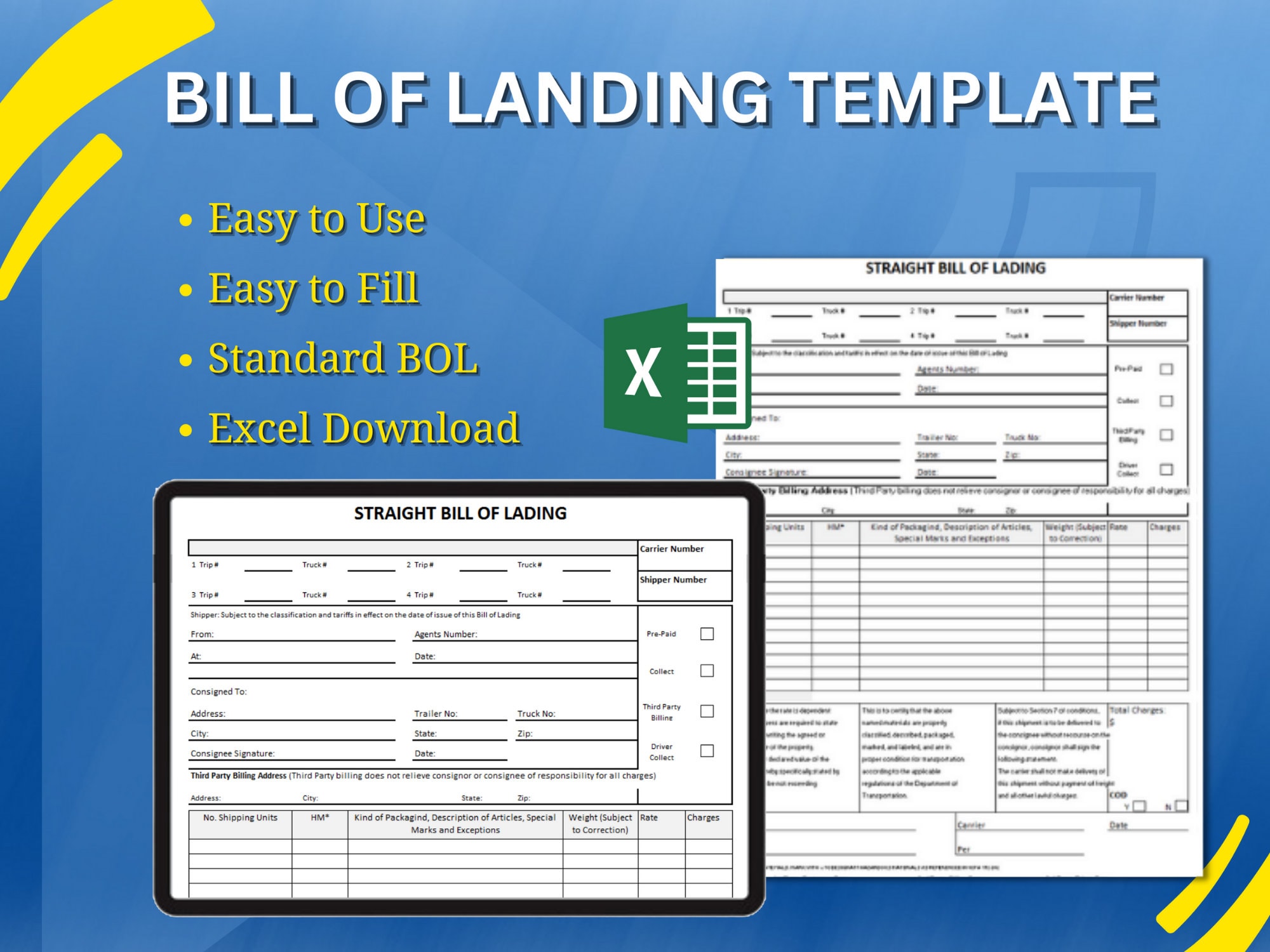 Standard Bill Of Lading Bol Template Reusable Excel Template Etsy Uk