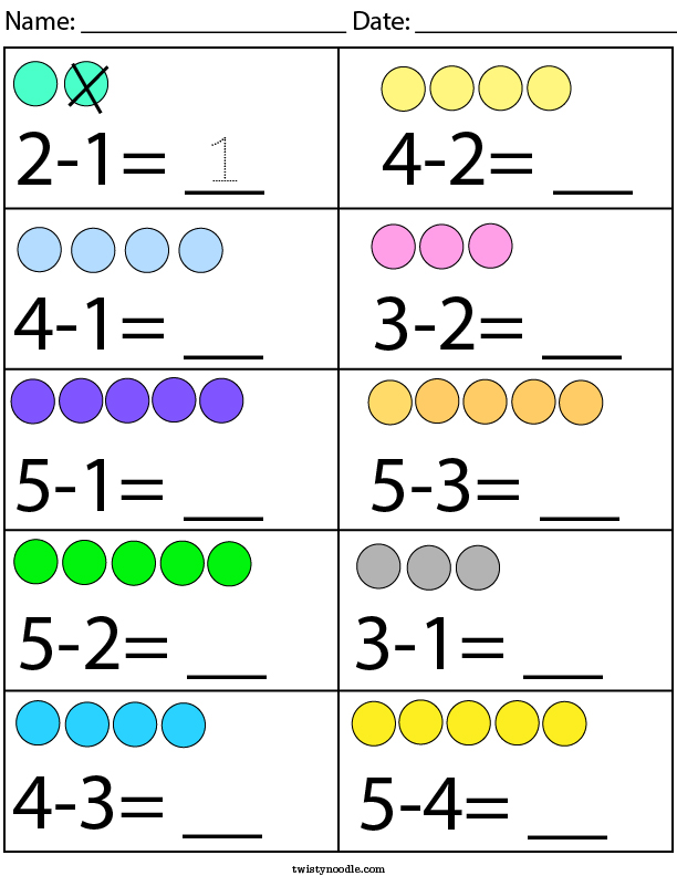 Subtraction Within 5 Worksheet