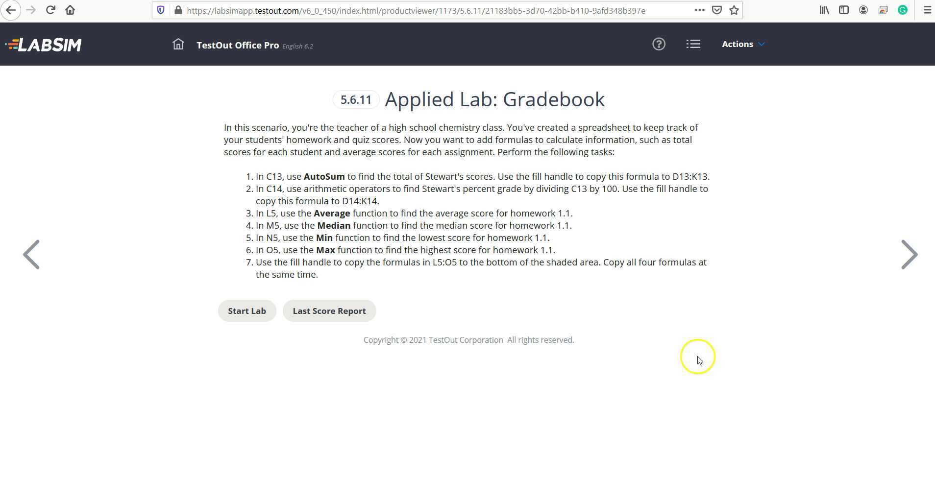 Testout Excel Lab 5 6 11