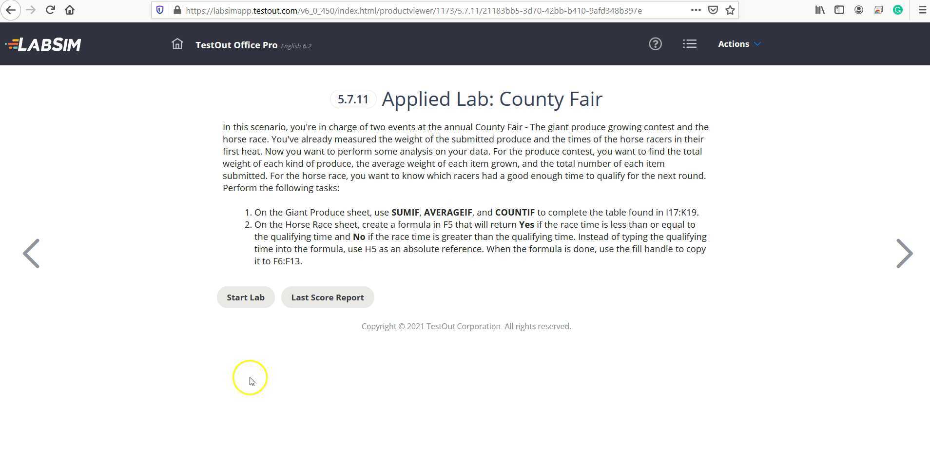 Testout Excel Lab 5 7 11