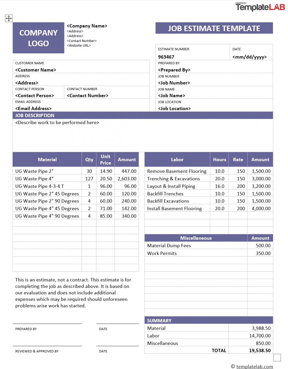 Using A Contractor Estimate Template Can Help You Get Accurate Quotes Free Sample Example