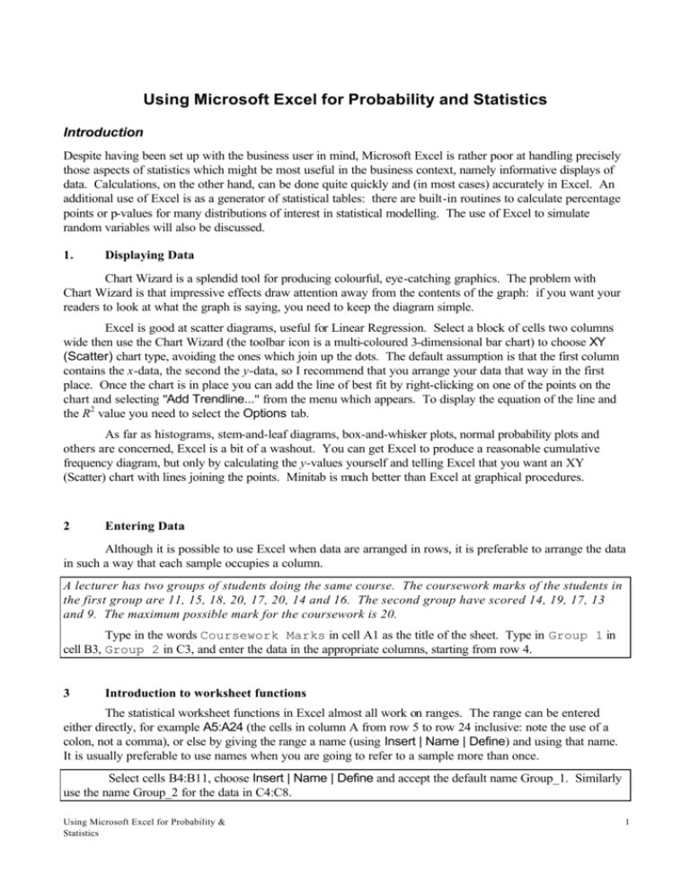 Using Microsoft Excel For Probability And Statistics