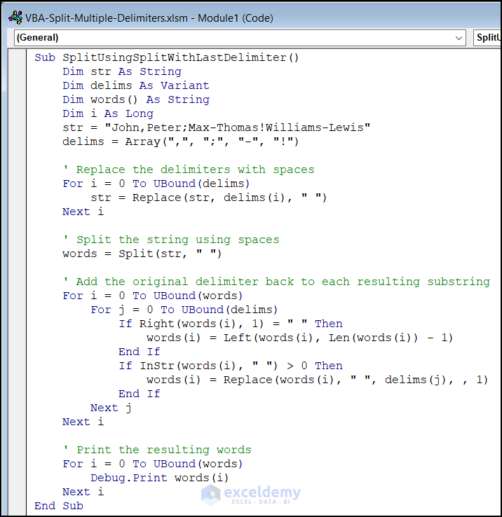 Vba To Split With Multiple Delimiters In Excel 2 Easy Ways